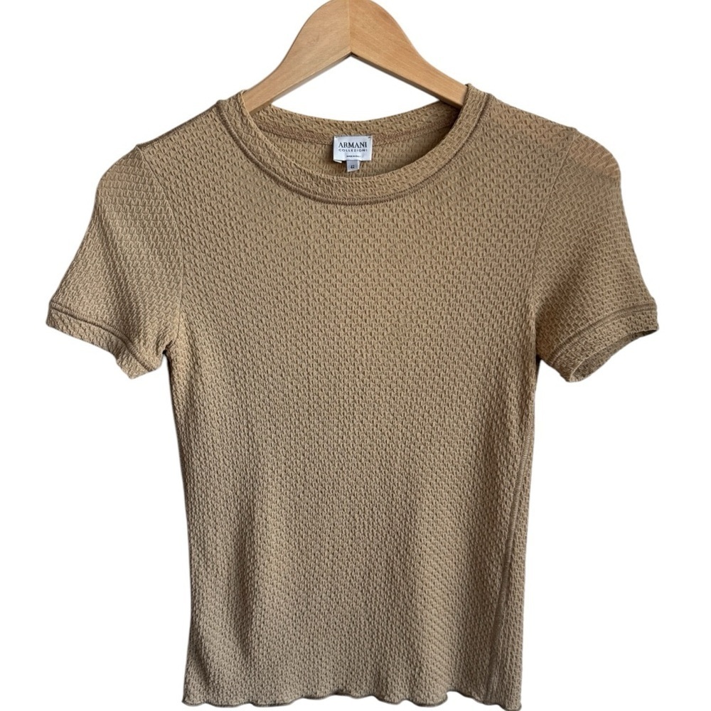 ARMANI COLLEZIONI Short Sleeve Textured Stretch Knit Top | Tan Camel Small US 6